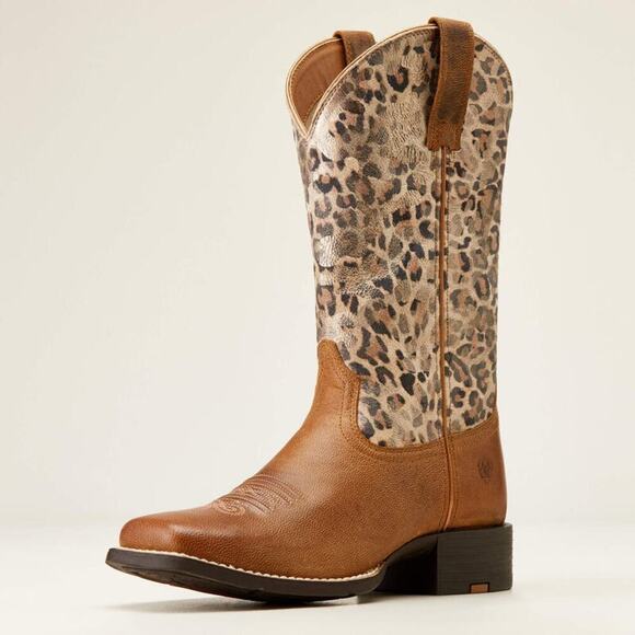 ARIAT Women’s Pearl Brown Cheetah Top Round Up Wide Square Toe Western Boot - Picture 1 of 16